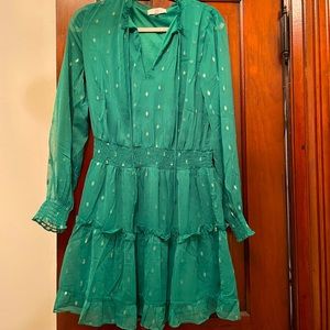 Green chiffon dress with silver accents.